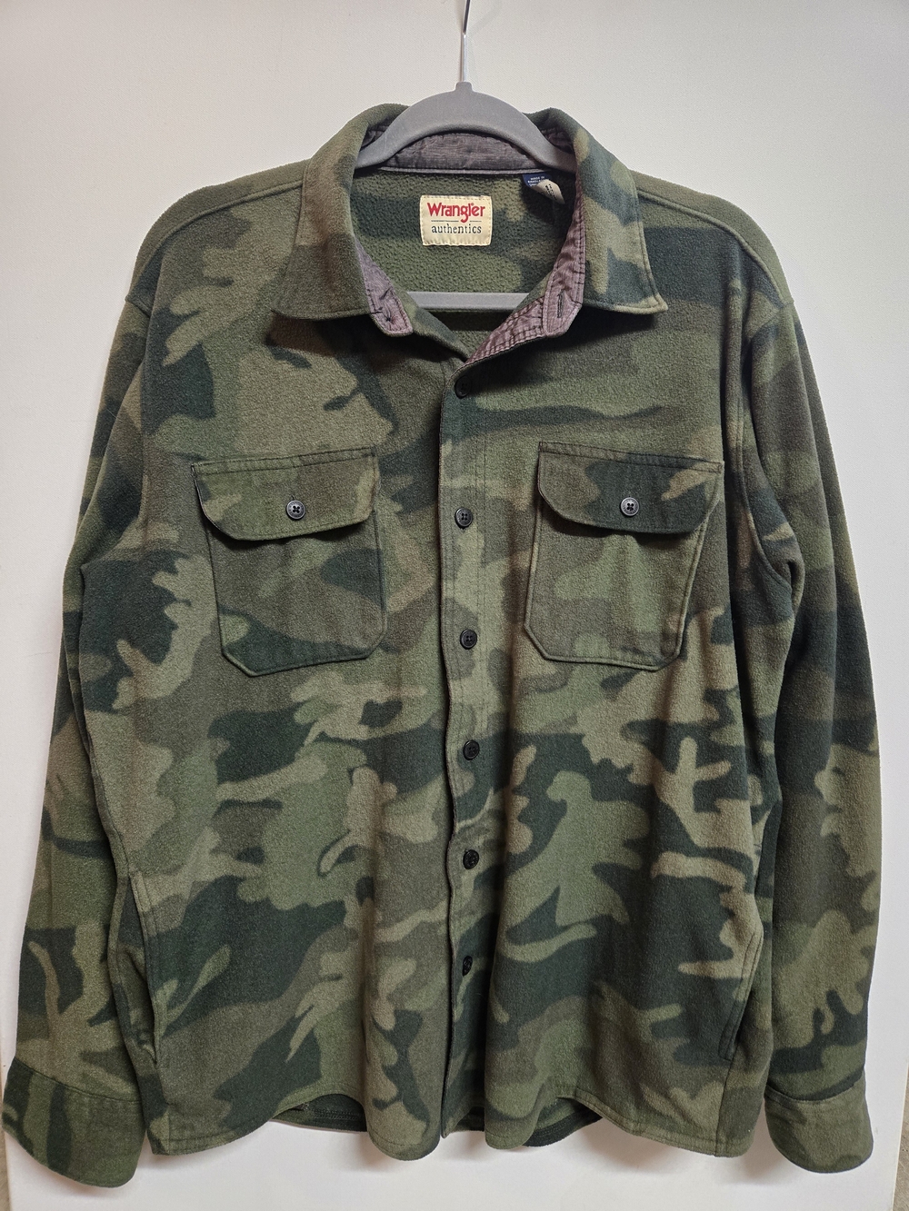 Wrangler Authentics fleece shirt featuring a green camouflage pattern